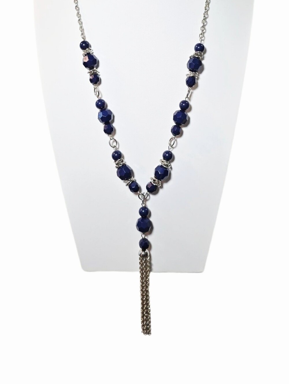 Navy Faceted and Round Beaded Tassel Y Silver-Tone Necklace